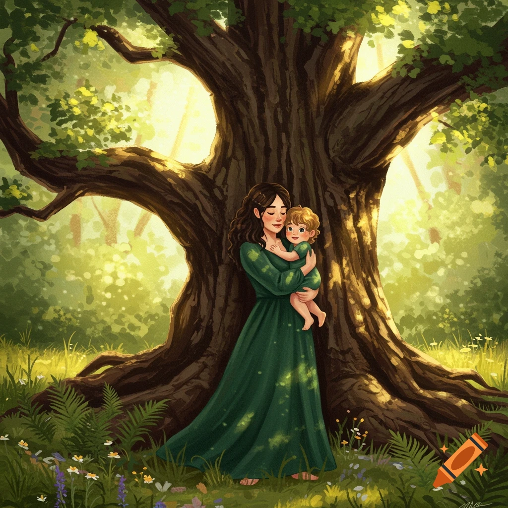 Illustration of a mother holding her baby under a large tree in a sun-dappled forest.