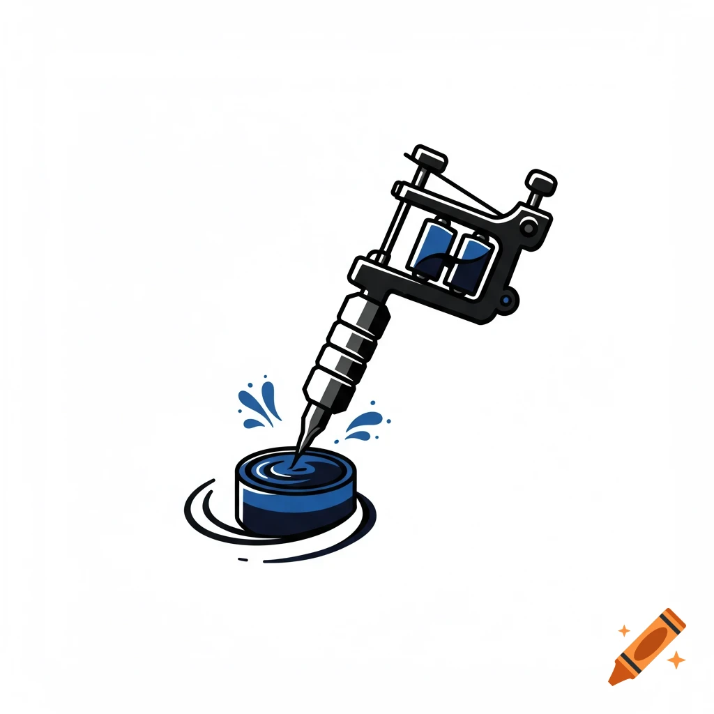 Cartoon illustration of a tattoo gun dipping into an ink well.