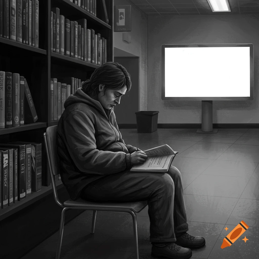 Person sits reading a book in a library setting in a grayscale illustration.