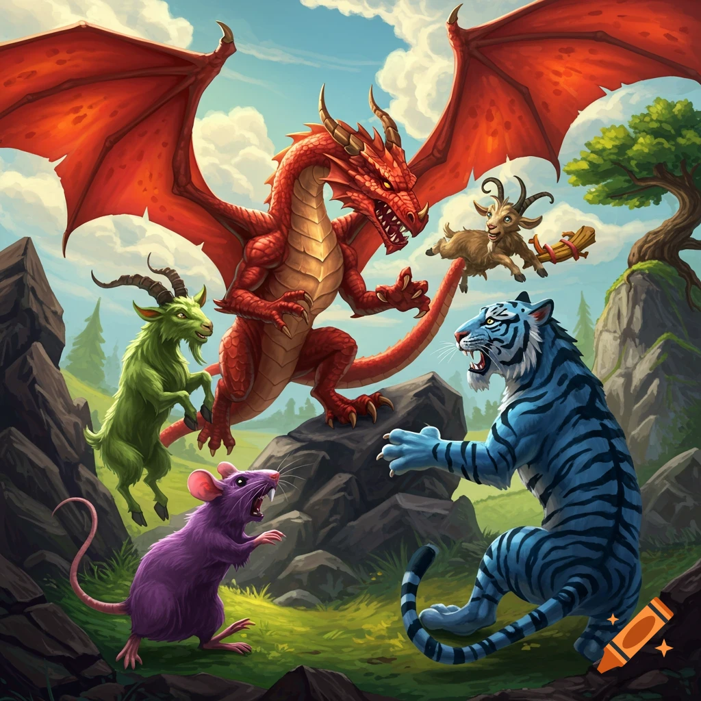 Illustrated red dragon fighting blue tiger, purple rat, and green goat in a fantasy landscape.