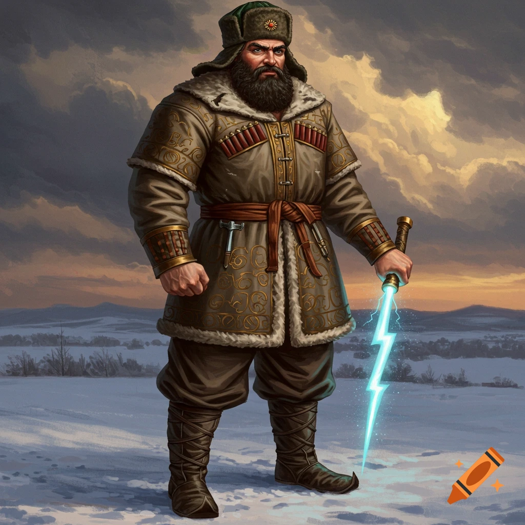A powerful man in a fur hat and patterned coat holds a lightning sword in a snowy landscape, digital art.