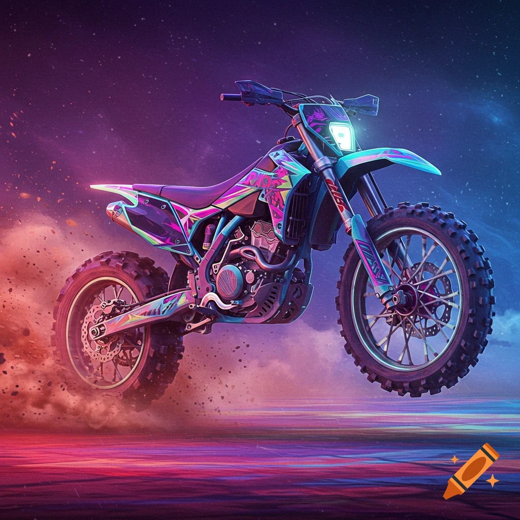 Stylized art of a dirt bike jumping with motion blur against a colorful sky.