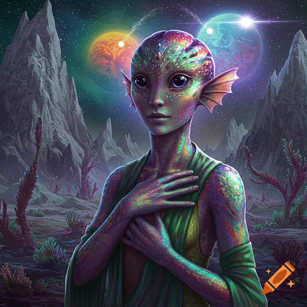 A colorful alien with iridescent skin and fins stands on a rocky alien planet under a starry sky with multiple planets visible. Digital illustration.