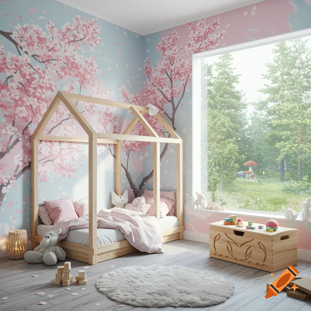 A cozy children's room featuring a house-frame bed, cherry blossom wallpaper, and a large window overlooking a lush forest.