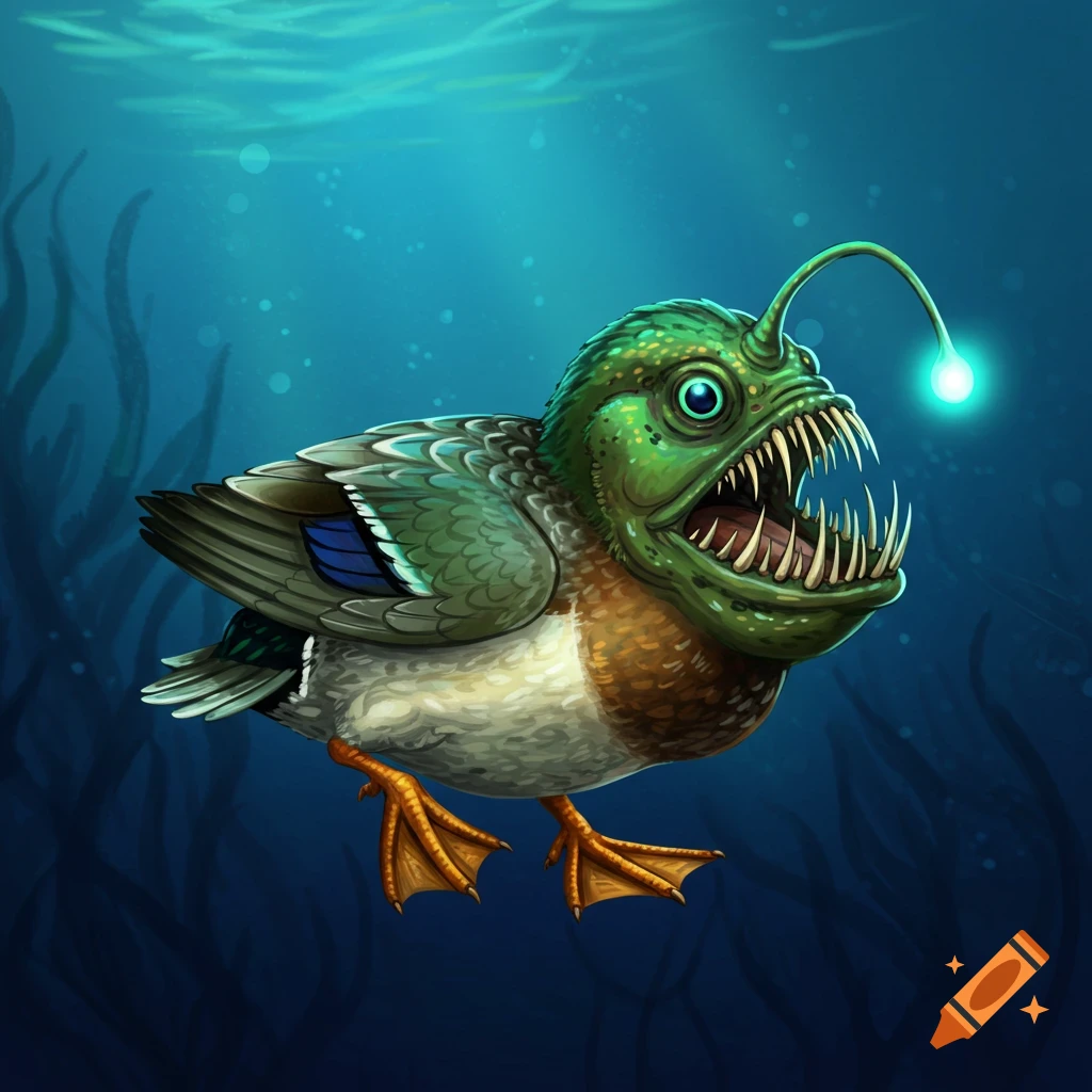 A duck-anglerfish hybrid swims underwater with its glowing lure.