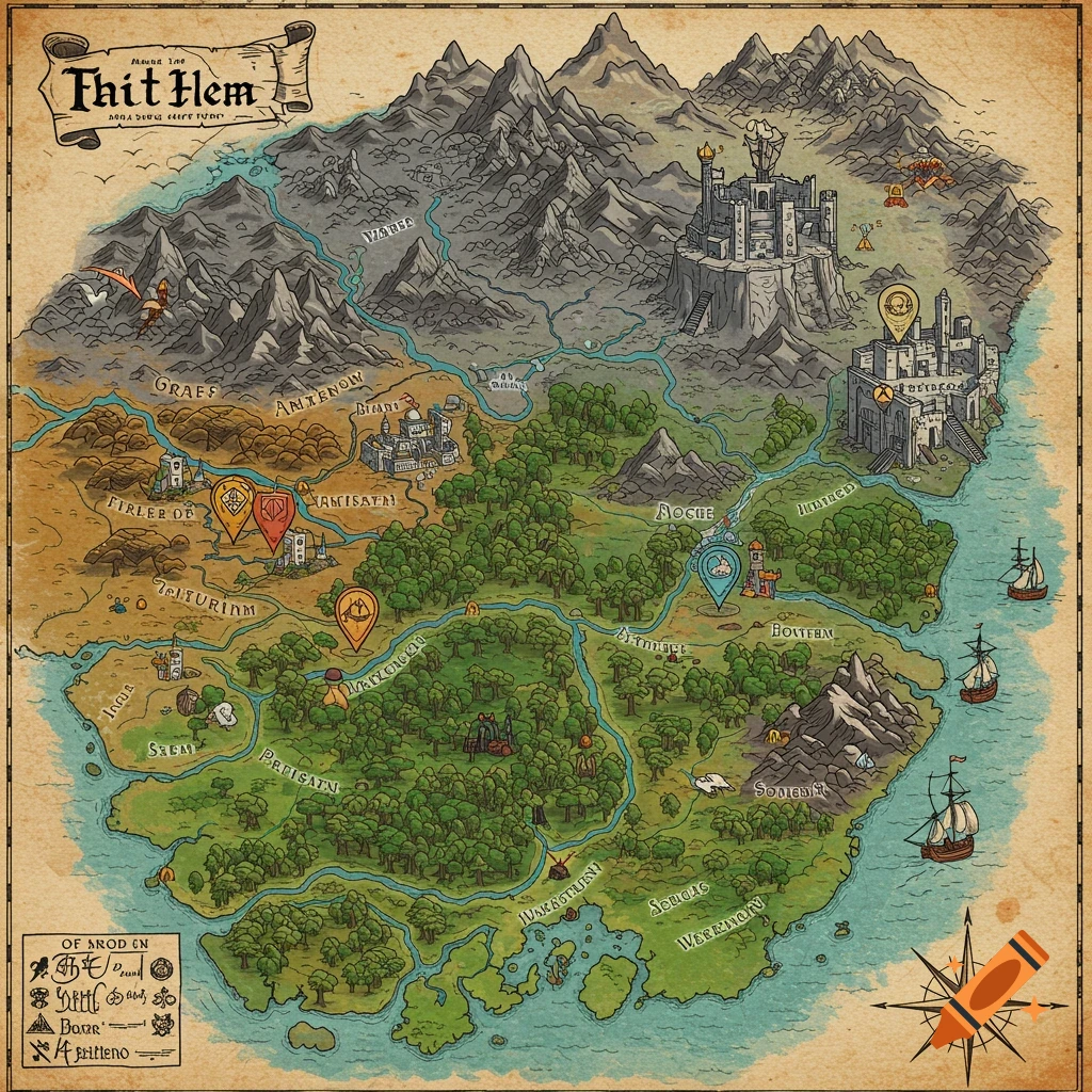 Hand-drawn fantasy map of an island with mountains, forests, cities, and ships.