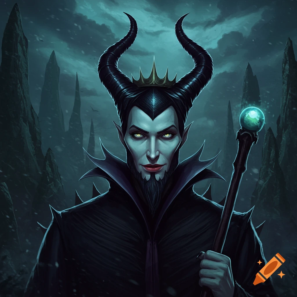 Portrait of an evil fantasy character with horns, cloak, and staff against a dark, rocky background.