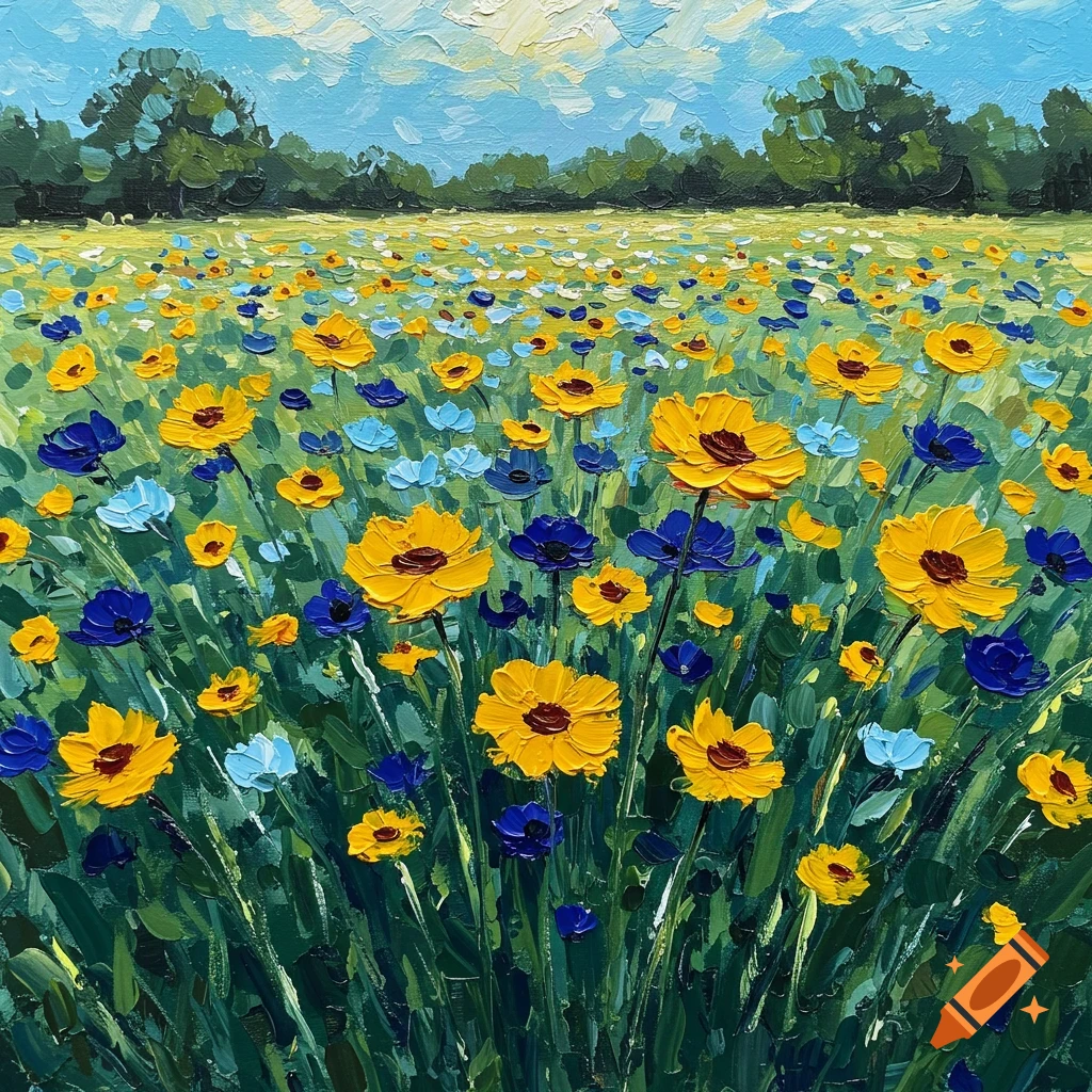 An impressionistic painting of a field of yellow and blue flowers under a blue sky.