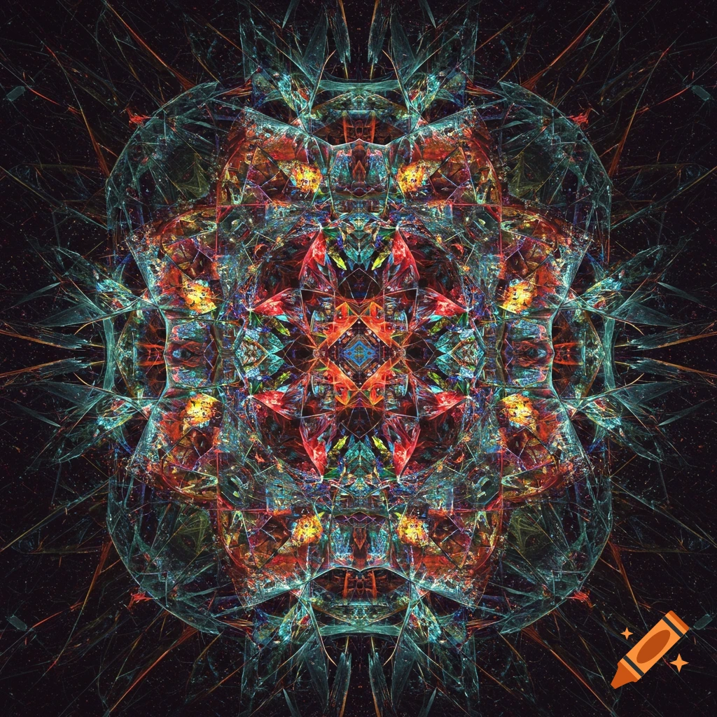 Colorful abstract fractal geometric pattern on a dark background.