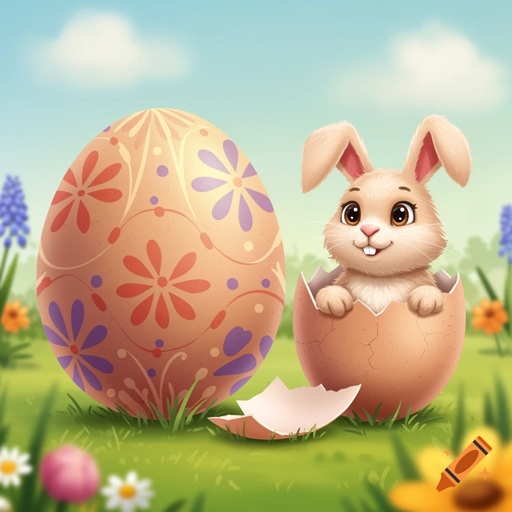 Cartoon bunny peeking from a cracked egg next to a large decorated Easter egg in a field.