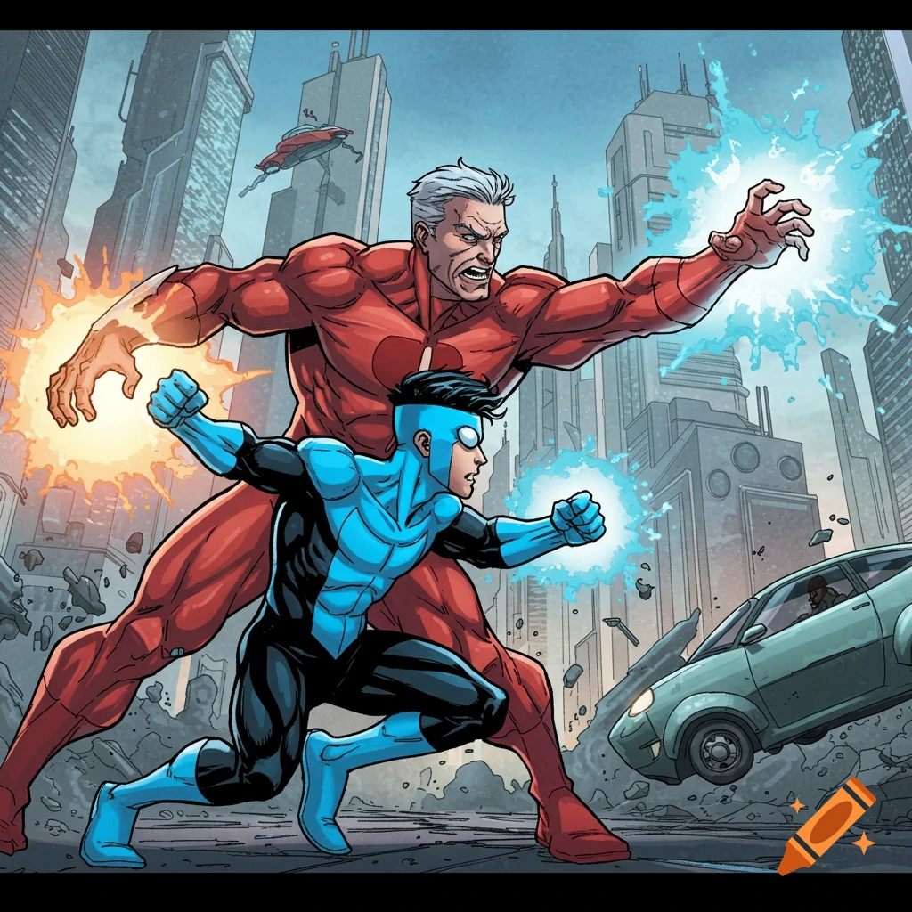 Comic book illustration of two superheroes, one in red and one in blue/black, fighting in a destroyed city street.