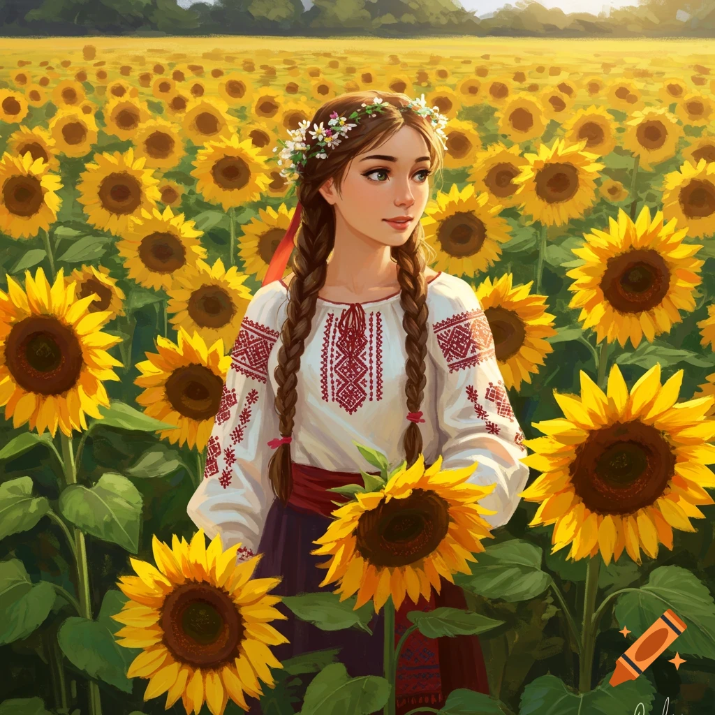 Young woman in traditional Ukrainian clothing stands in a field of sunflowers.