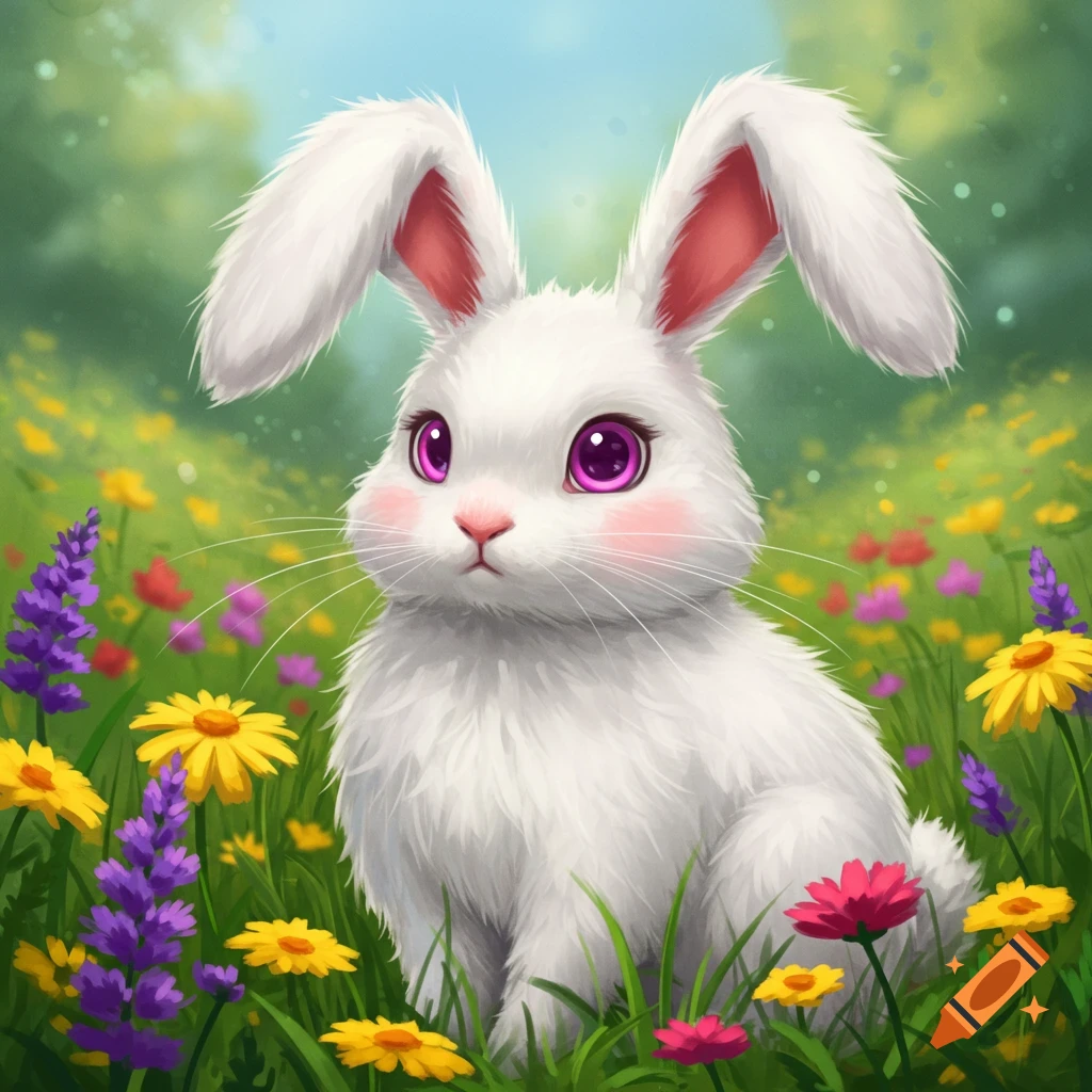 A cute white bunny with pink eyes sits in a field of colorful flowers, digital illustration.