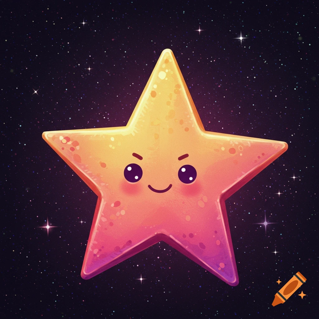 A cute cartoon star character with a face in outer space.
