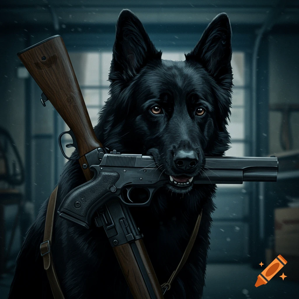 A black German Shepherd dog holding a pistol in its mouth and a rifle on its back.
