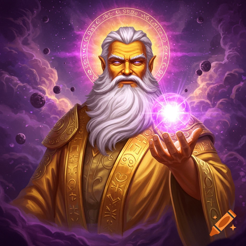 A god-like figure with a white beard and golden robe holds a glowing purple orb, surrounded by cosmic elements and symbols.