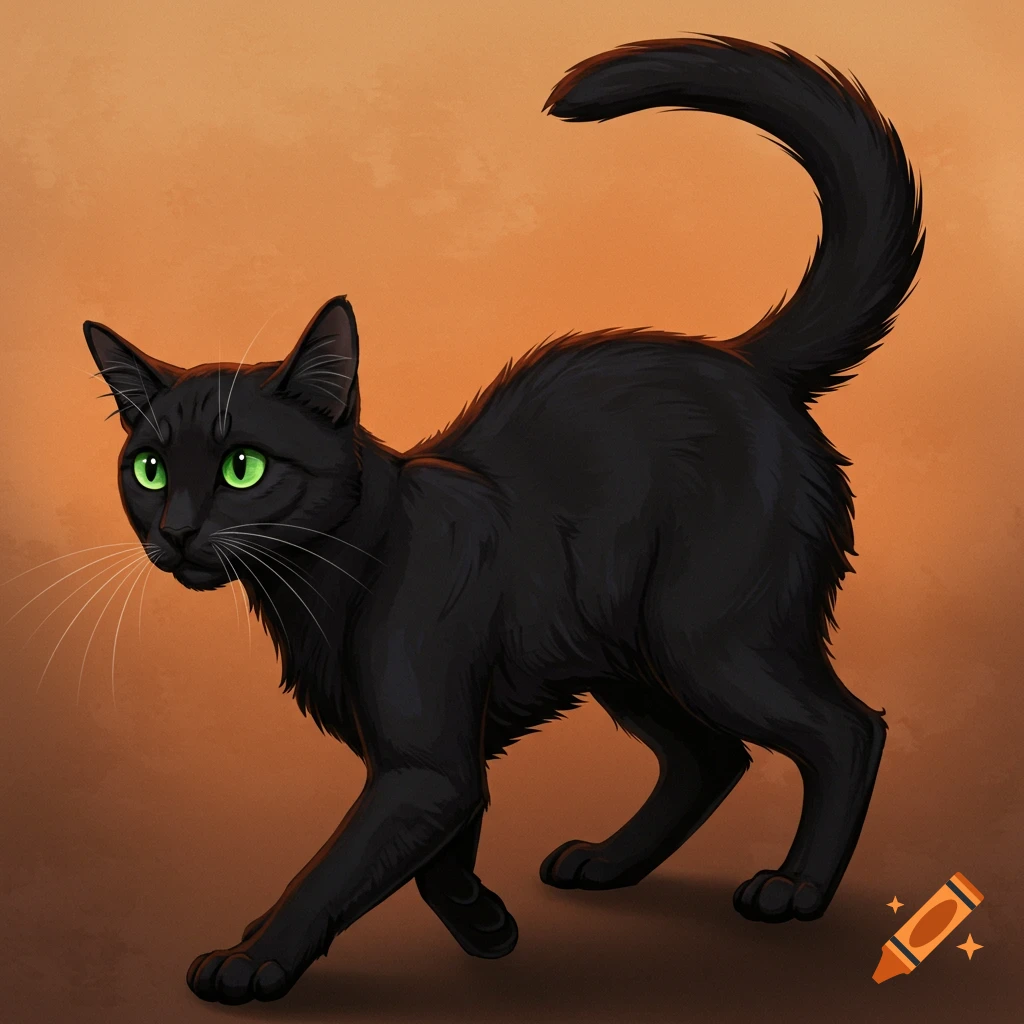 An illustration of a black cat with green eyes.