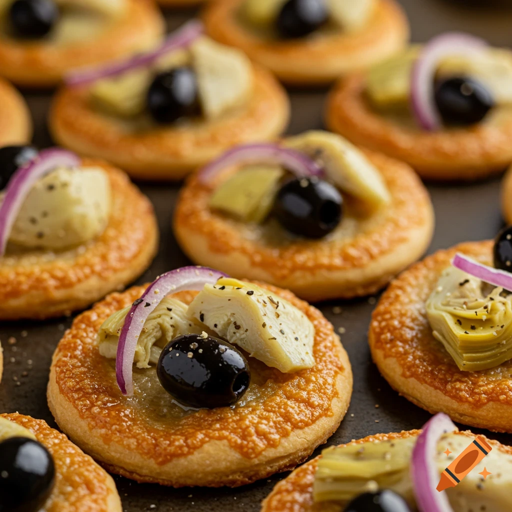 Close-up of mini appetizers topped with artichoke hearts, black olives, and red onion slices.