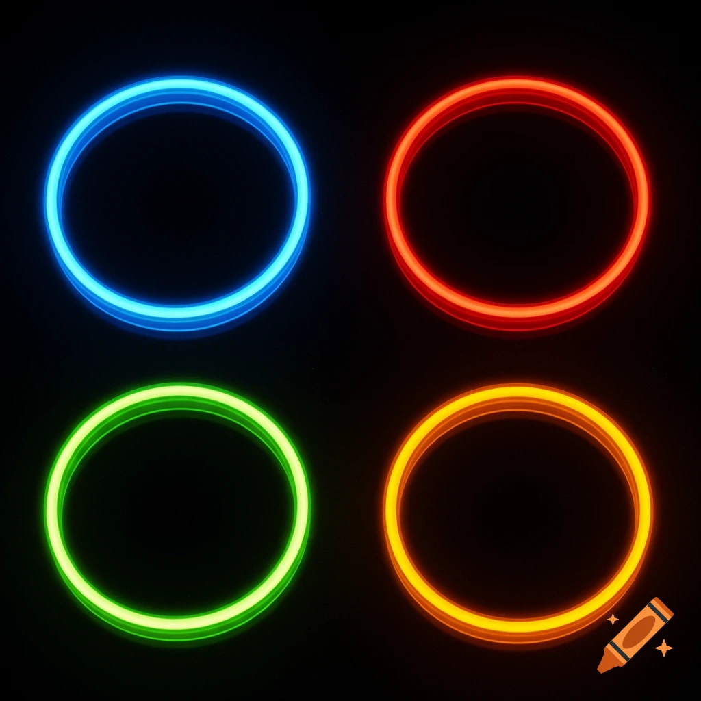 Four glowing rings, blue, red, green, and orange, against a black background.
