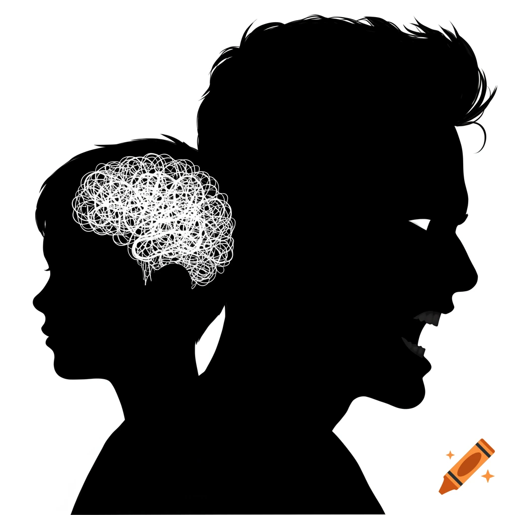 Black and white silhouette of a child with scribbled brain next to an angry man.
