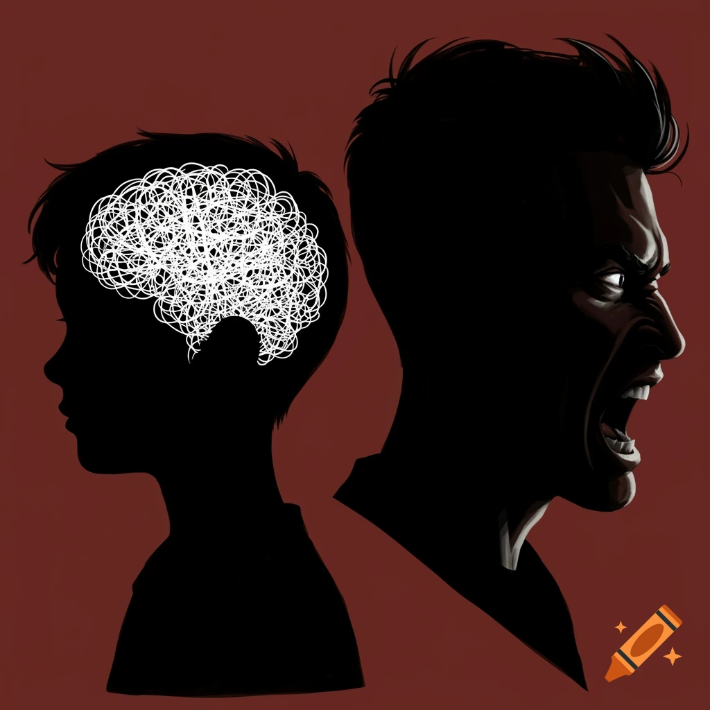 Illustration of boy with scribbled brain silhouette and angry man silhouette.