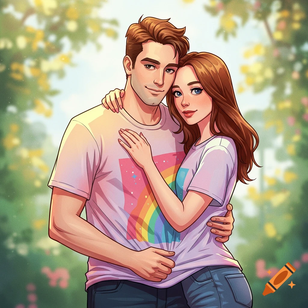 Cartoon illustration of a couple hugging outdoors, wearing rainbow shirts.