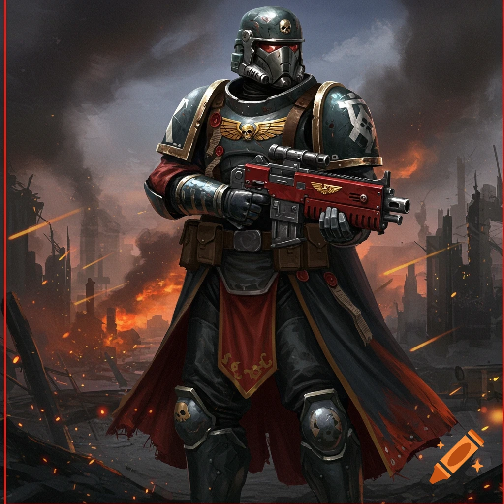 Armored science fiction soldier with red rifle in a ruined city