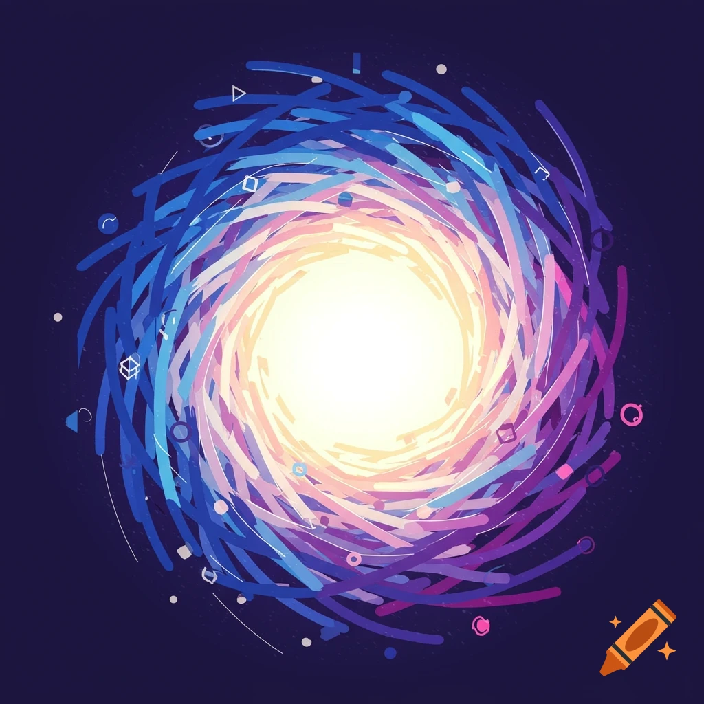 Abstract illustration of a swirling purple, pink, and blue vortex with geometric shapes.