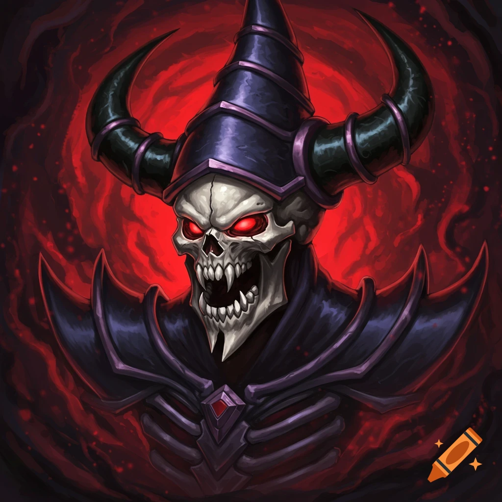 A skeletal creature with glowing red eyes, horns, and dark armor against a red background, digital art style.