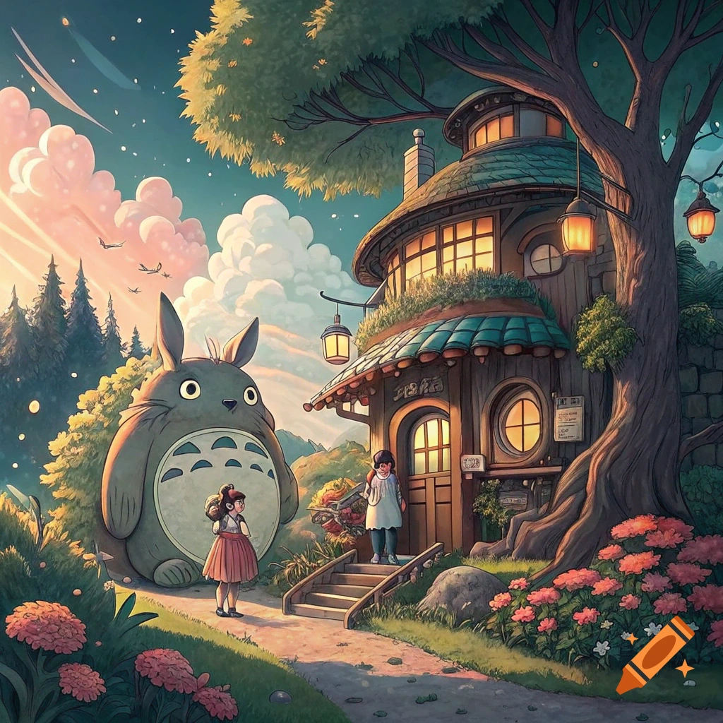 A Ghibli-style illustration of Totoro, two girls, and a treehouse with lanterns at sunset.