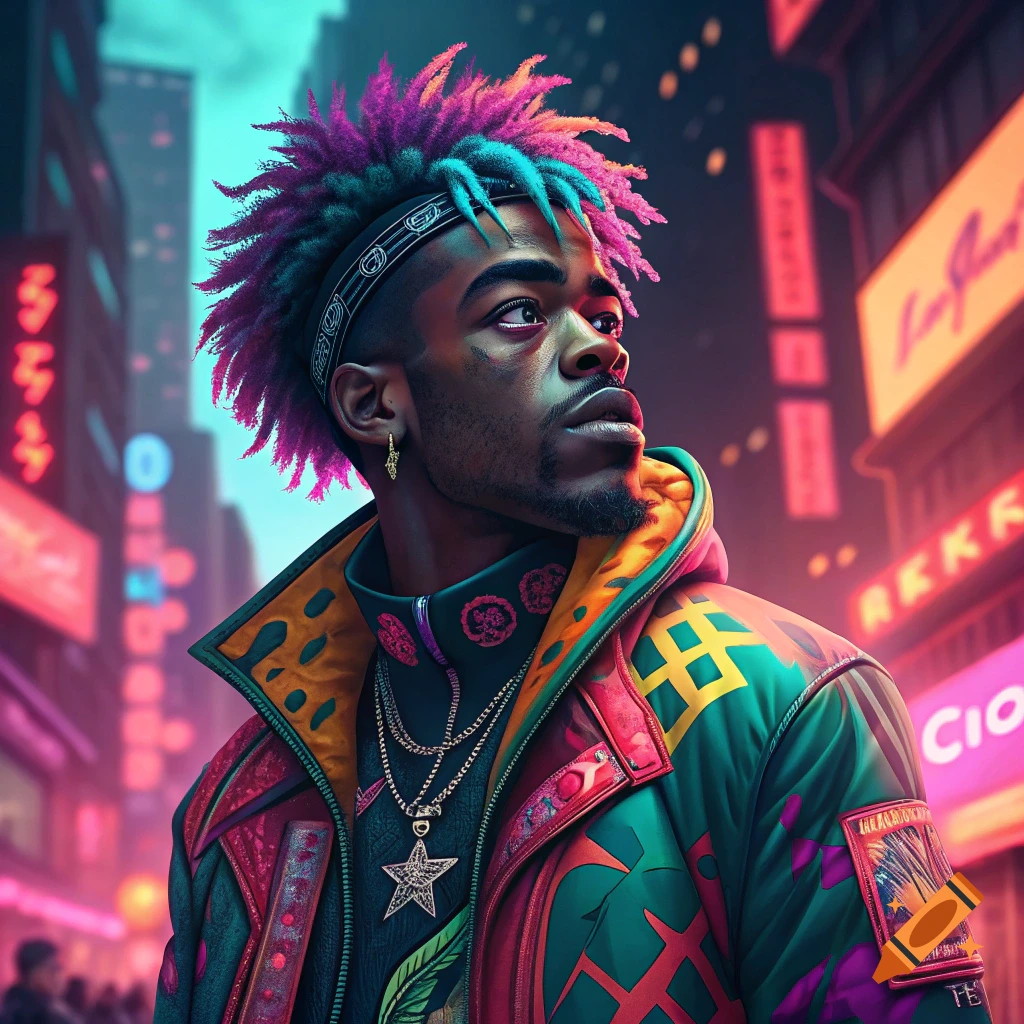 A person with colorful dreadlocks and a patterned jacket stands in a neon-lit cyberpunk city street.