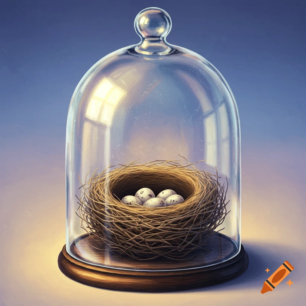 A bird's nest with speckled eggs sits inside a glass dome on a wooden base.