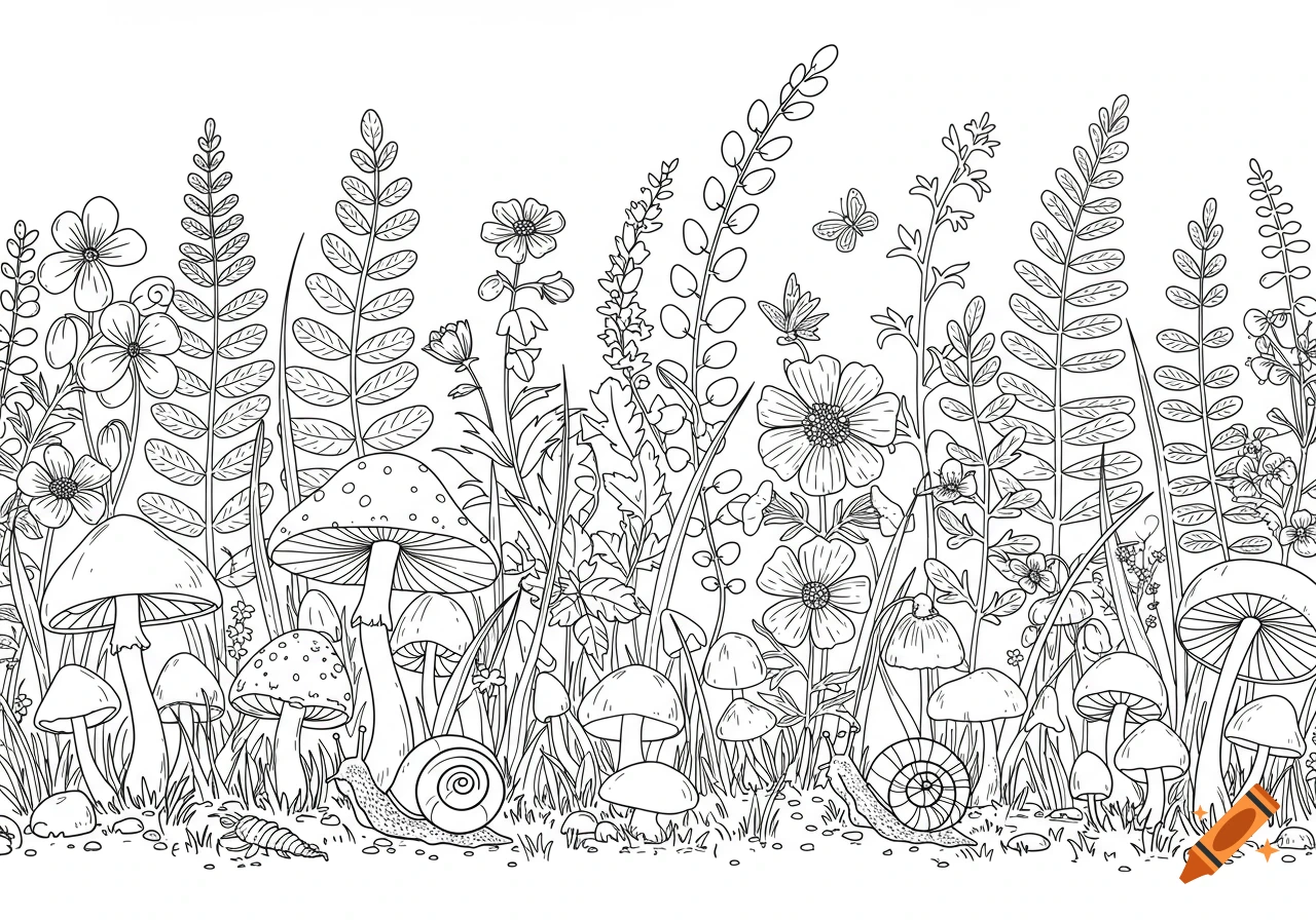 Black and white line drawing of a garden scene with mushrooms, flowers, grass, snails, and a butterfly.