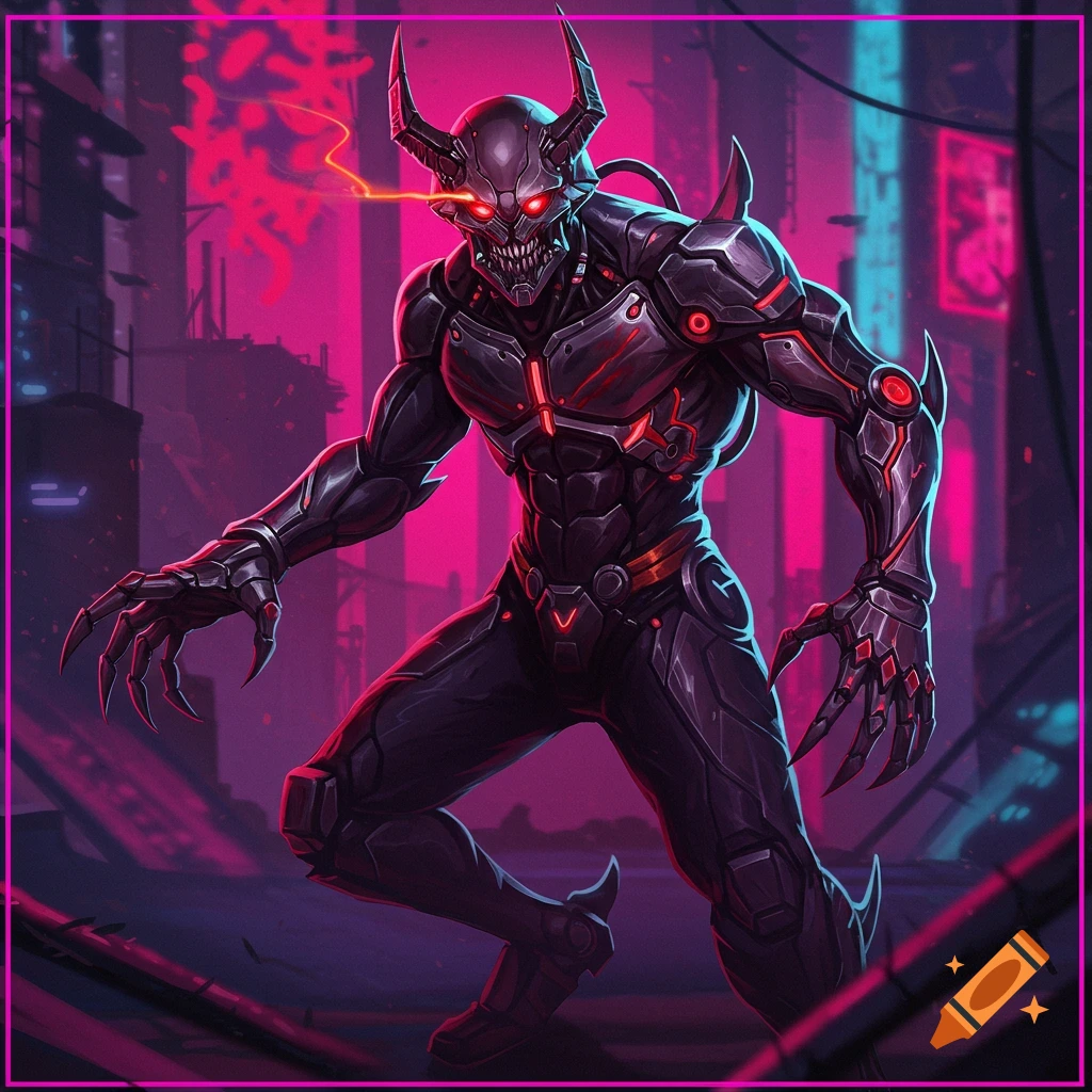 A cybernetic monster with claws and glowing eyes in a neon cyberpunk city.