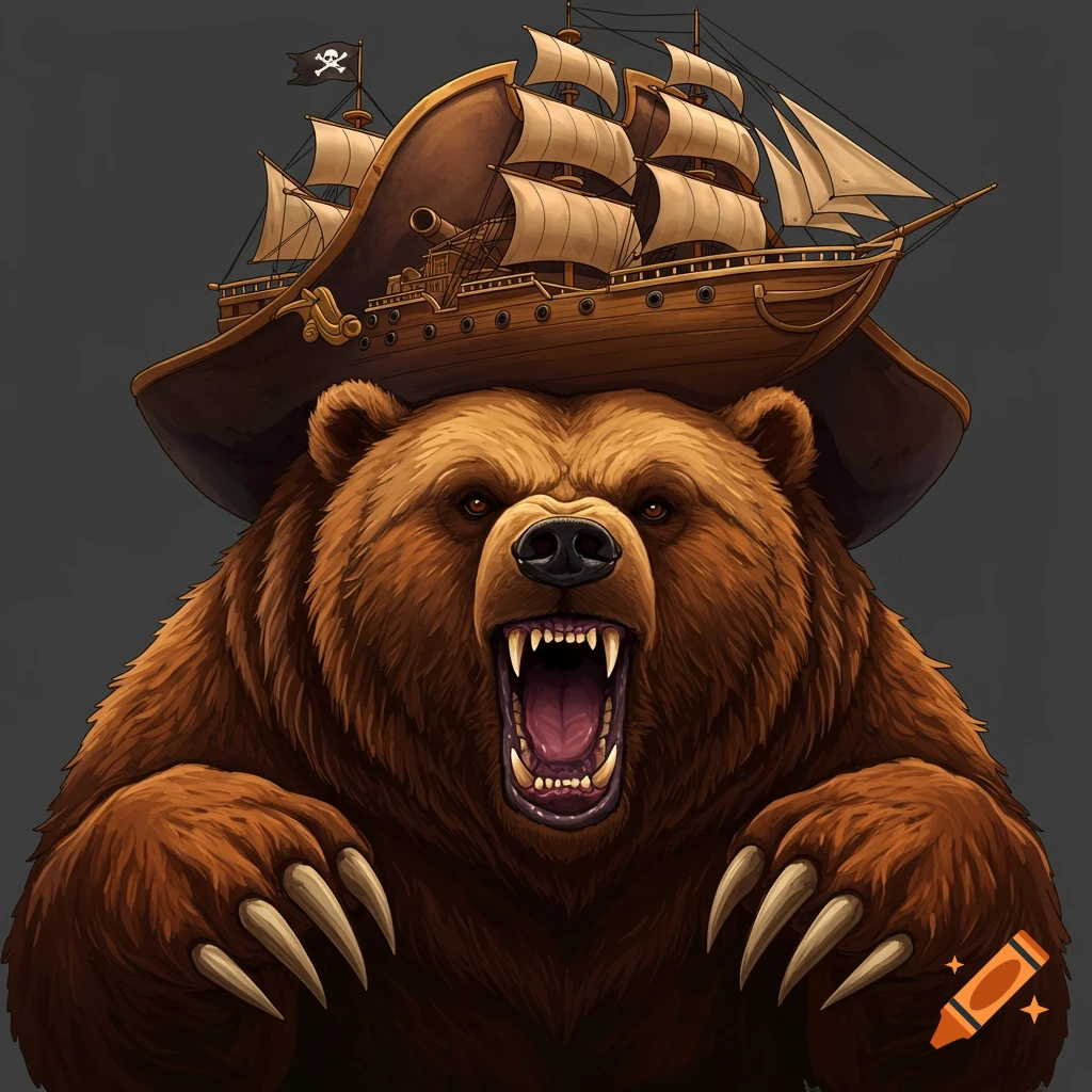 A fierce brown bear wears a pirate hat shaped like a ship, featuring a pirate flag on top.