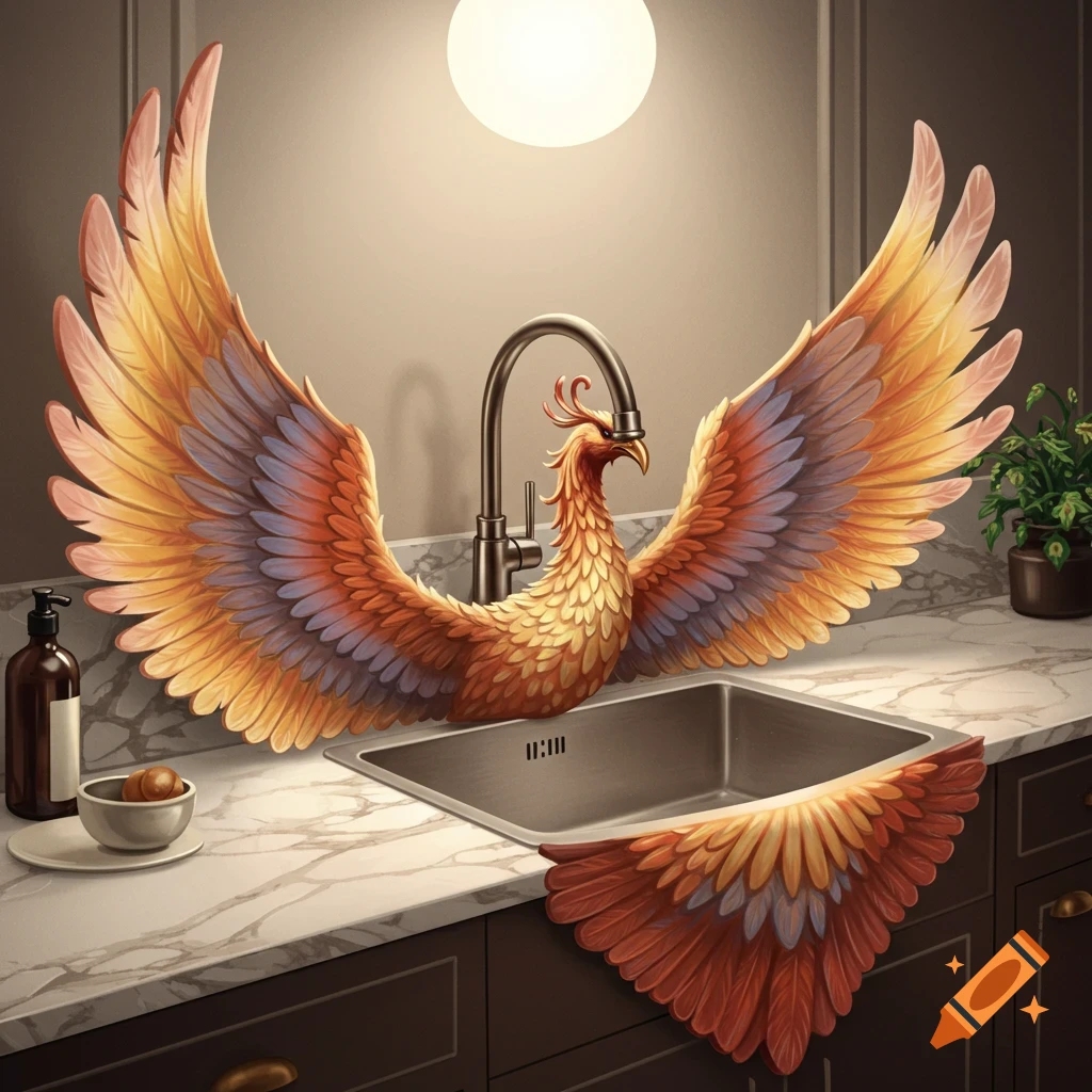 A mythical Phoenix bird integrated into a kitchen sink with large, colorful wings spread out in a kitchen setting.