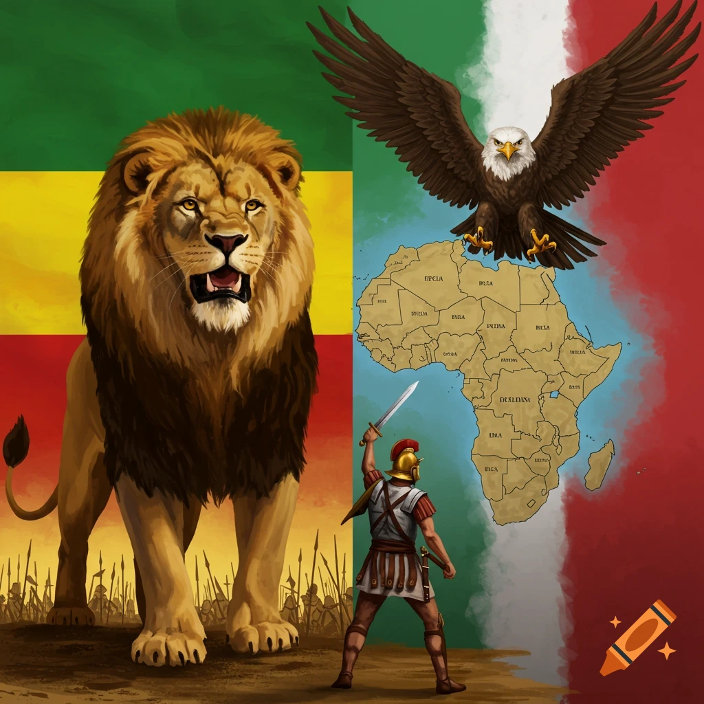 An illustration of a lion and Roman soldier opposing each other in front of an African map and flags.