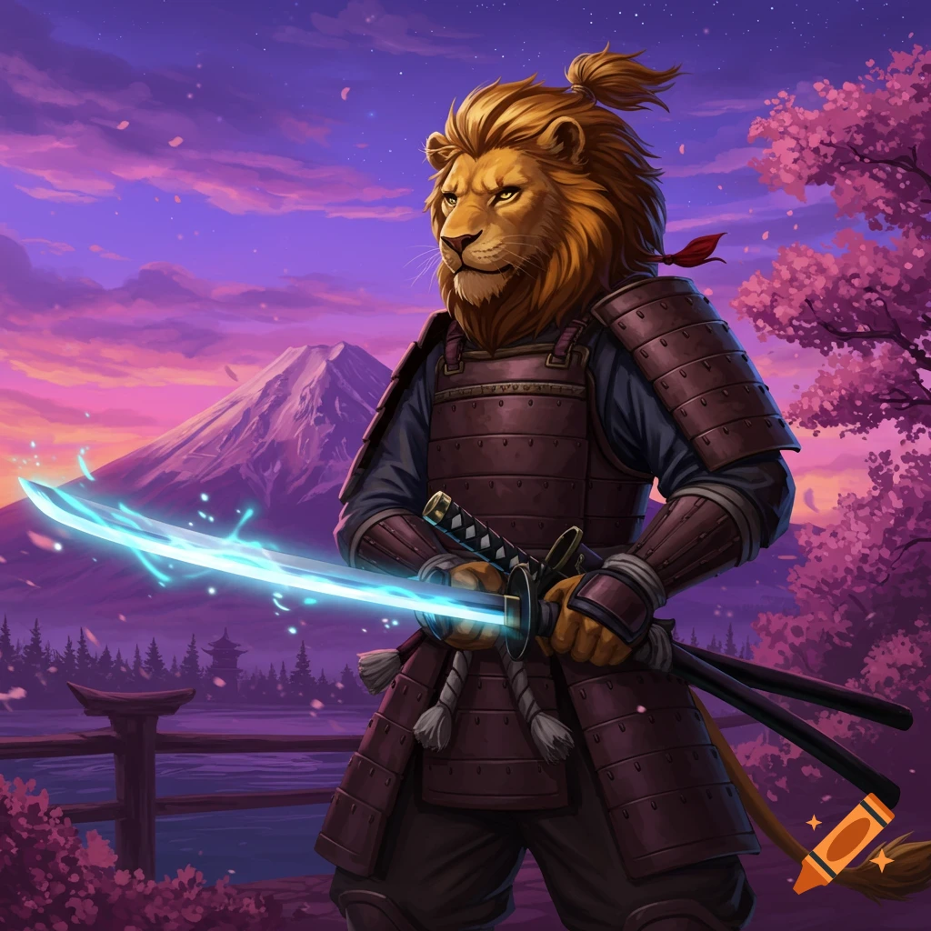 Lion samurai in armor holding a glowing katana against a sunset sky with Mount Fuji and cherry blossoms