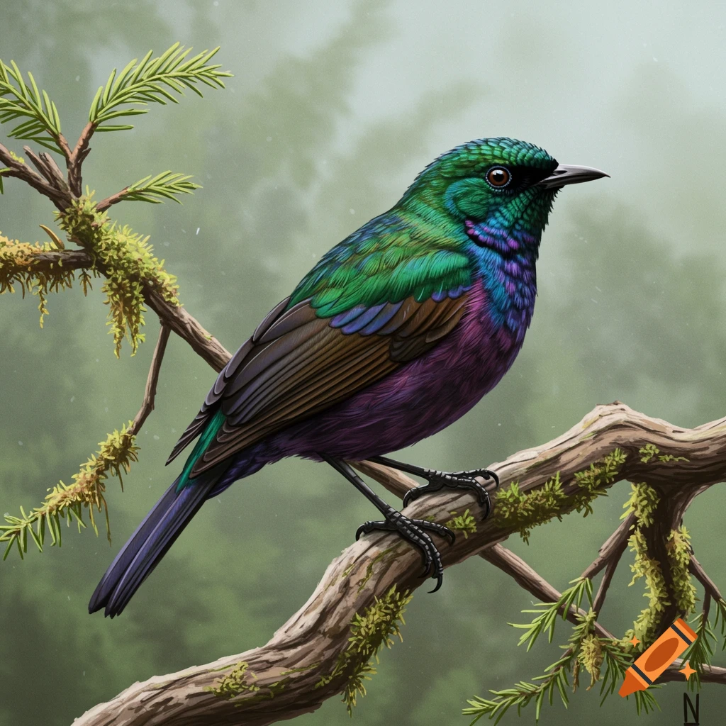 A colorful bird with green, blue, and purple feathers perches on a mossy branch in a forest.