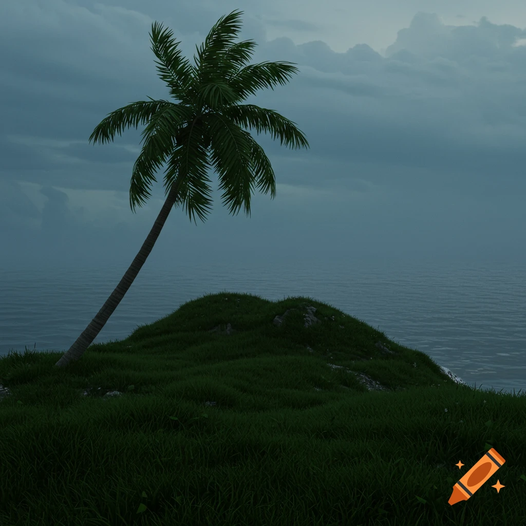 A lonely palm tree on a grassy hill overlooking the ocean under a cloudy sky.
