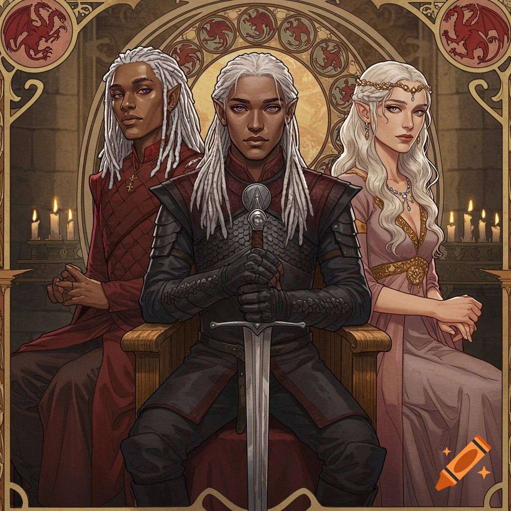 Art Nouveau portrait of three fantasy figures with silver hair in a detailed throne room.