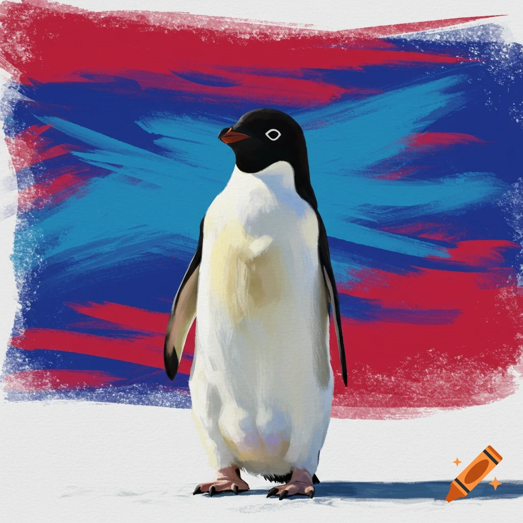 A penguin stands in front of a painterly red and blue background.