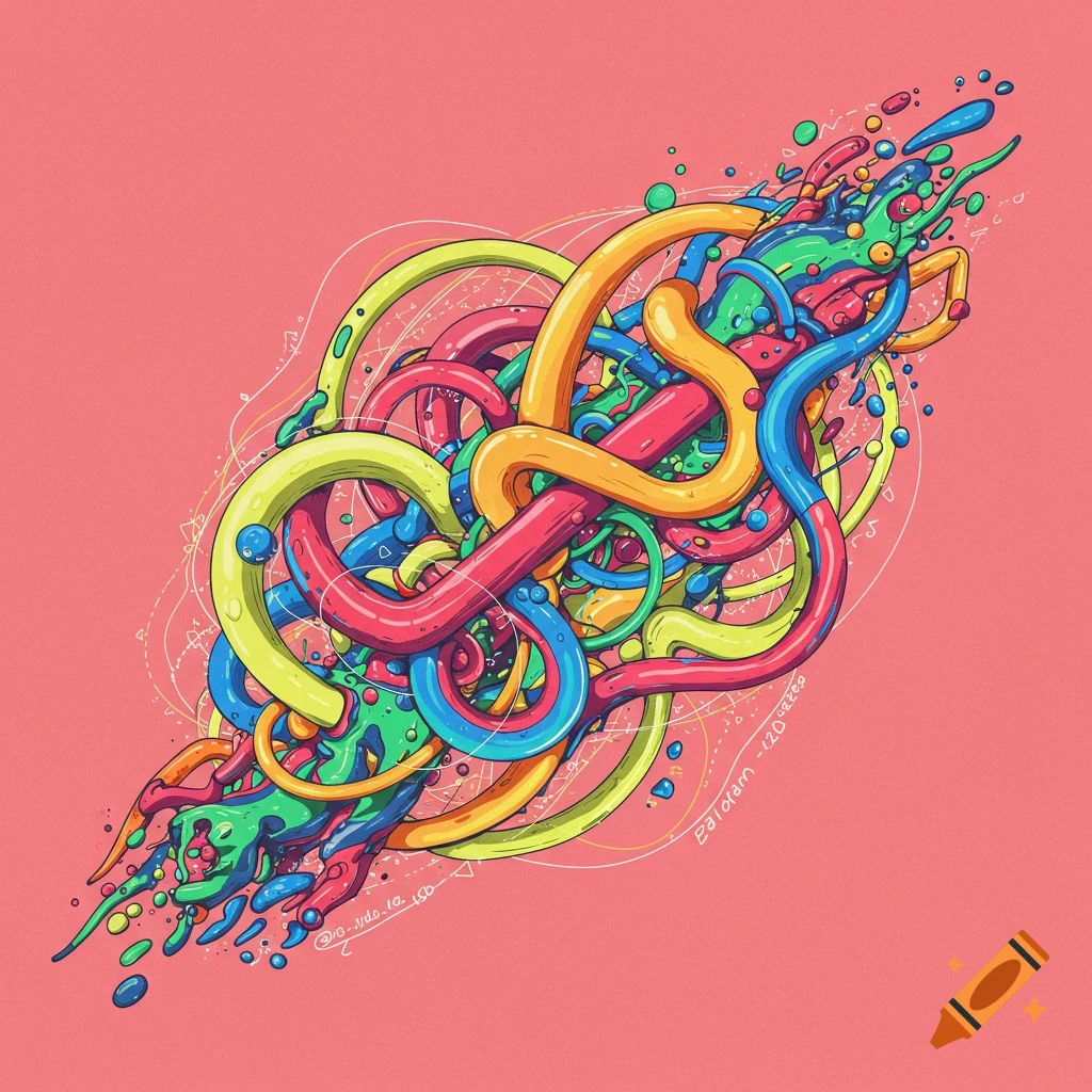 A colorful, abstract illustration of tangled shapes and splatters on a pink background.