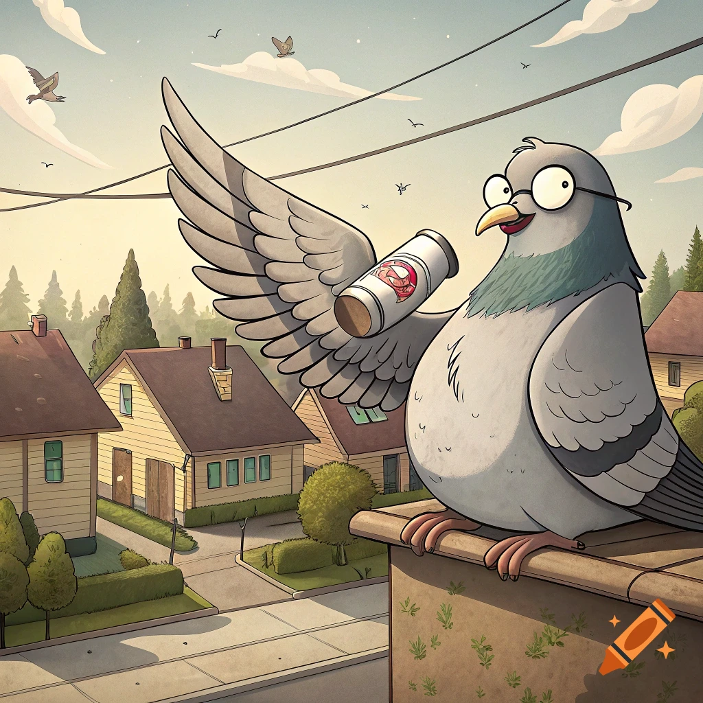 A cartoon pigeon wearing glasses holds a coffee cup while perched on a roof overlooking suburban houses.