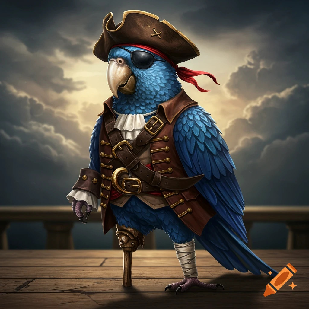 A blue parrot dressed as a pirate stands on a wooden deck with a peg leg.