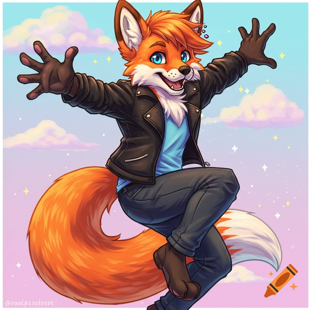 Illustrated anthropomorphic fox character jumping in the sky with arms open.