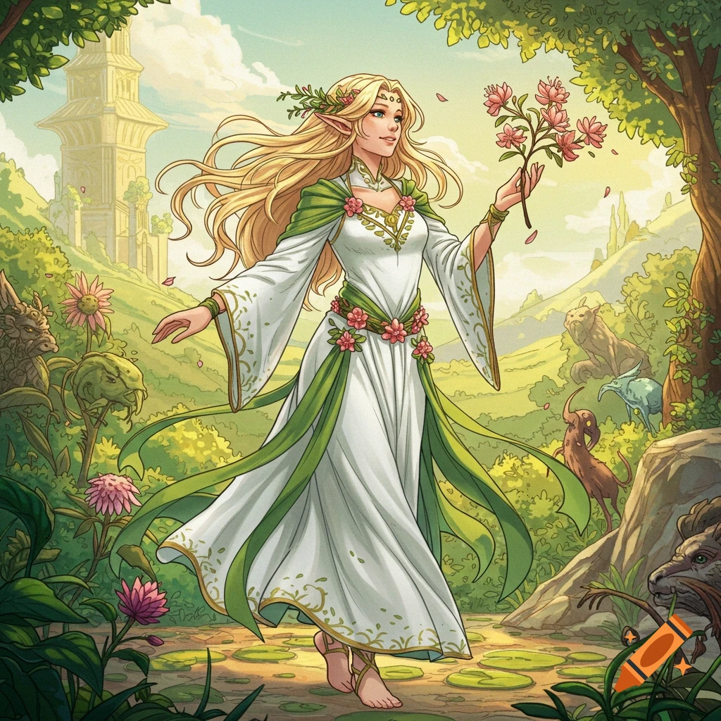 Manga art of an elf woman in white and green walking in a fantasy landscape with flowers and creatures.