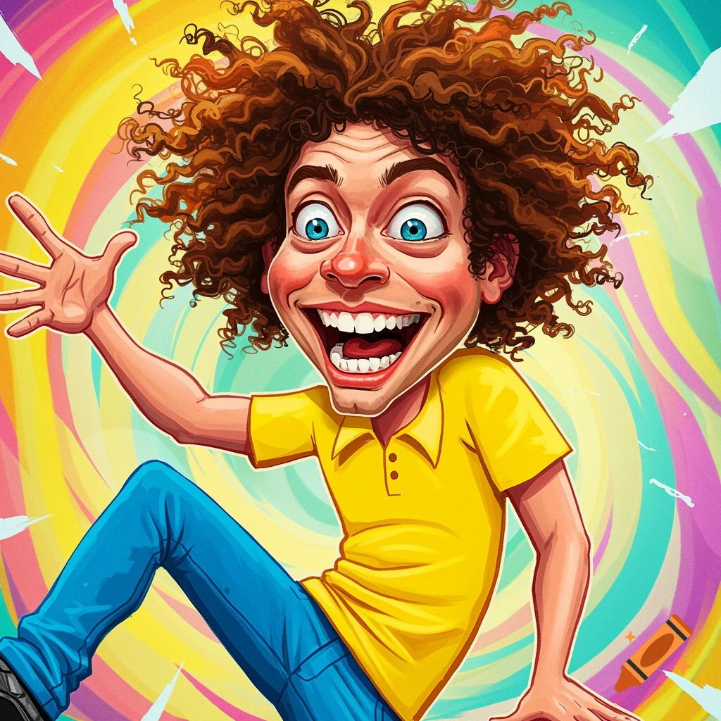 Cartoon caricature of a person with curly hair, wide grin, yellow shirt, and blue pants against a swirling colorful background.