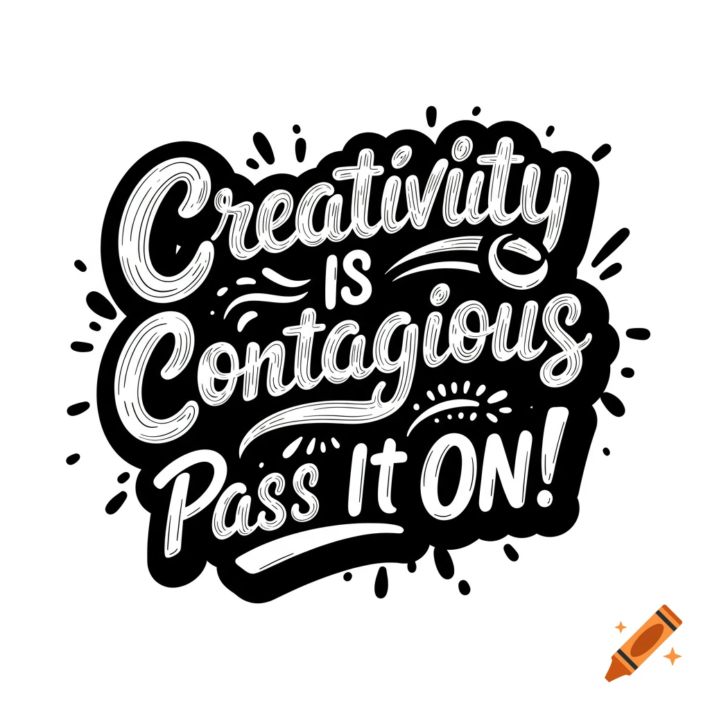 Black and white decorative text quote 'Creativity is Contagious - Pass It On!' in script and bubbly fonts with flourishes.