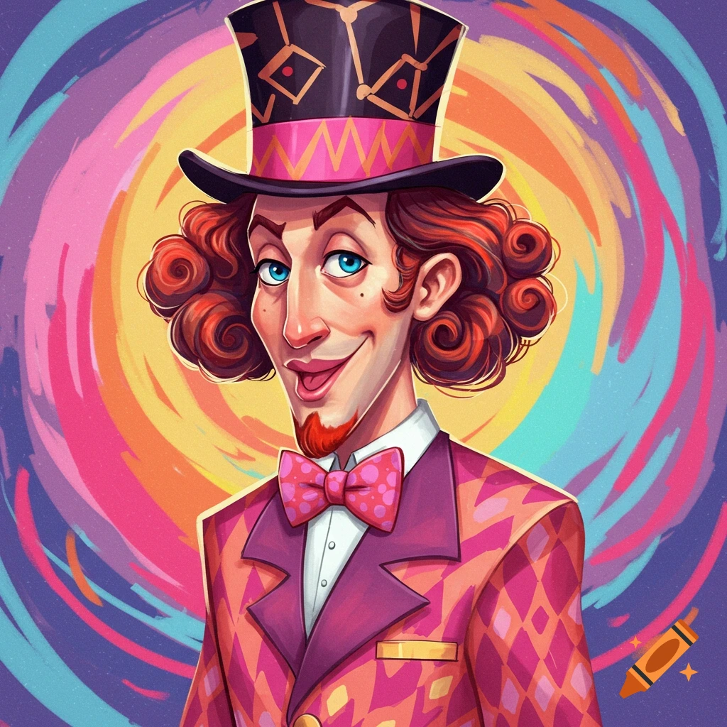 A stylized illustration of a man in a top hat and patterned suit against a colorful, swirling background.